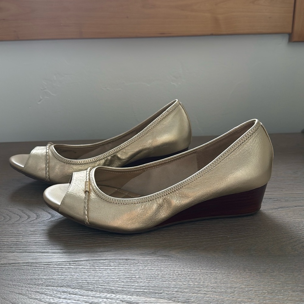 Cole Haan champagne gold leather wedge peep toe